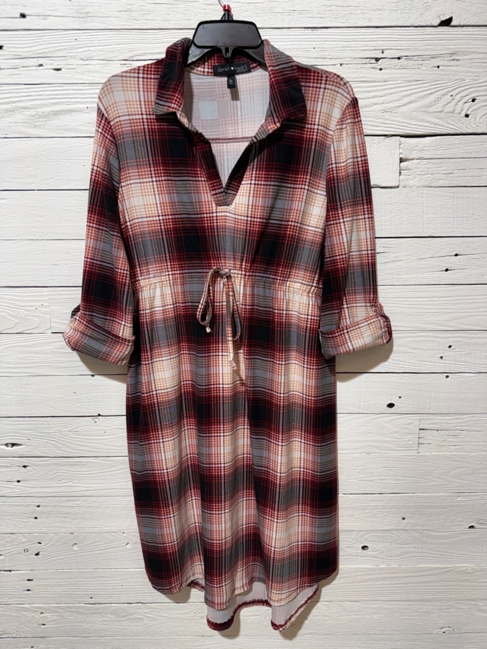 Derek Heart Red, Black and White Plaid Drawstring Shirt Dress